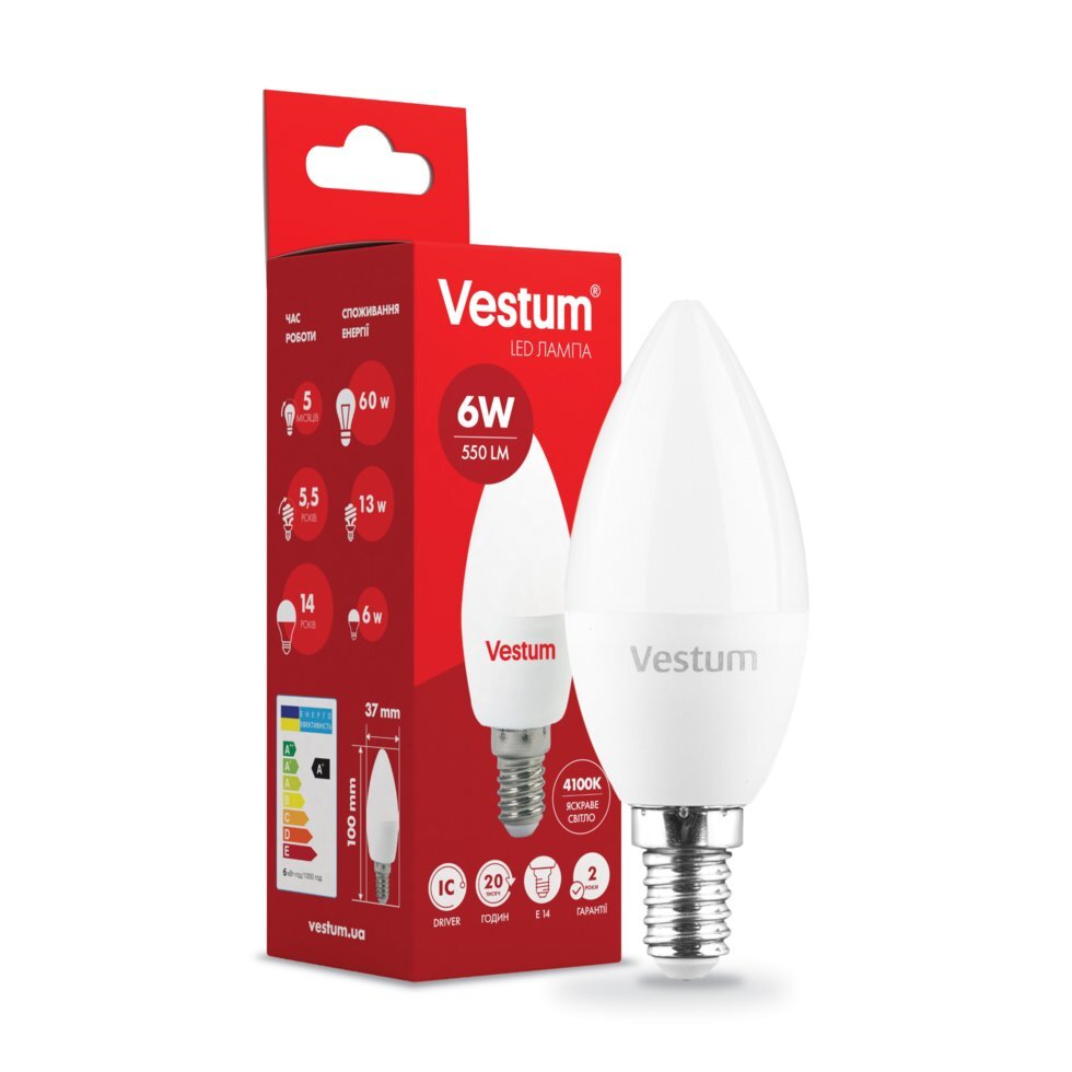 Лампа LED vestum C37 6W 4100K 220V E14